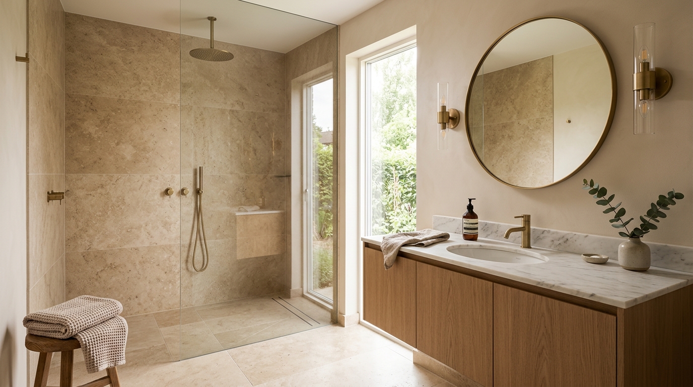 Rénovation de salle de bain terminée, douche à l'italienne et robinetterie laiton